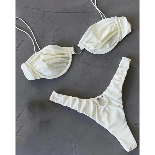 Solid colour nylon bikini two-piece set in pink with briefs style bottom