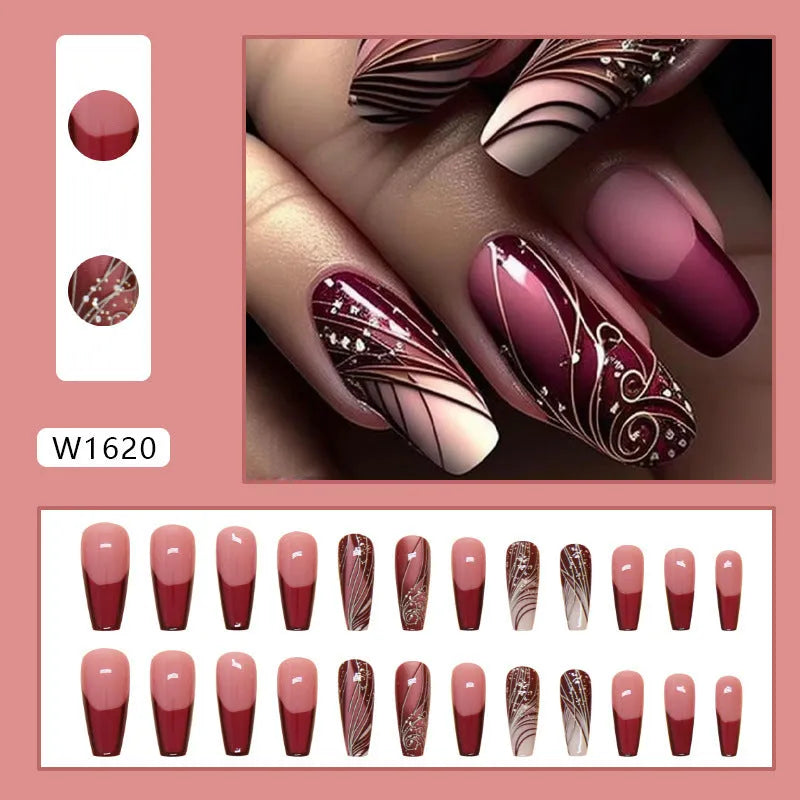 Pack of removable fake nail stickers with a French line design, showing 24 pieces and a tube of glue.