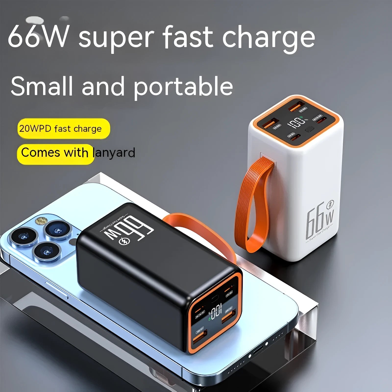 Black and white PD66W fast-charge 20000mAh portable power bank showing compact size.