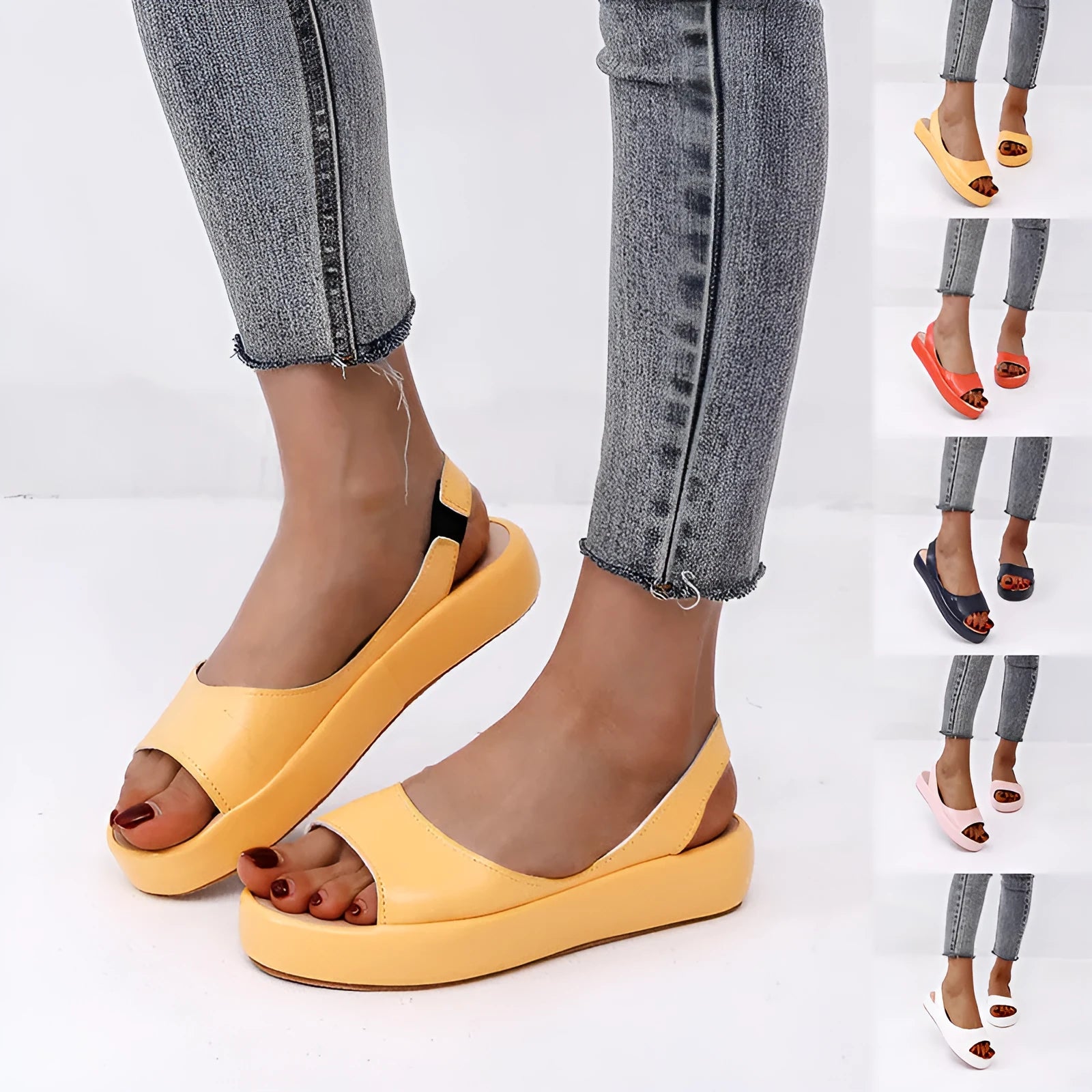 Women's flat sandals with fish mouth toe, back strap, side hollow, artificial PU upper, rubber sole, solid colour