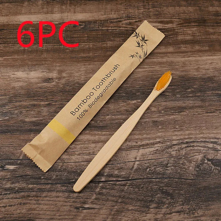 Set of 10 bamboo toothbrushes in six colours with soft charcoal bristles