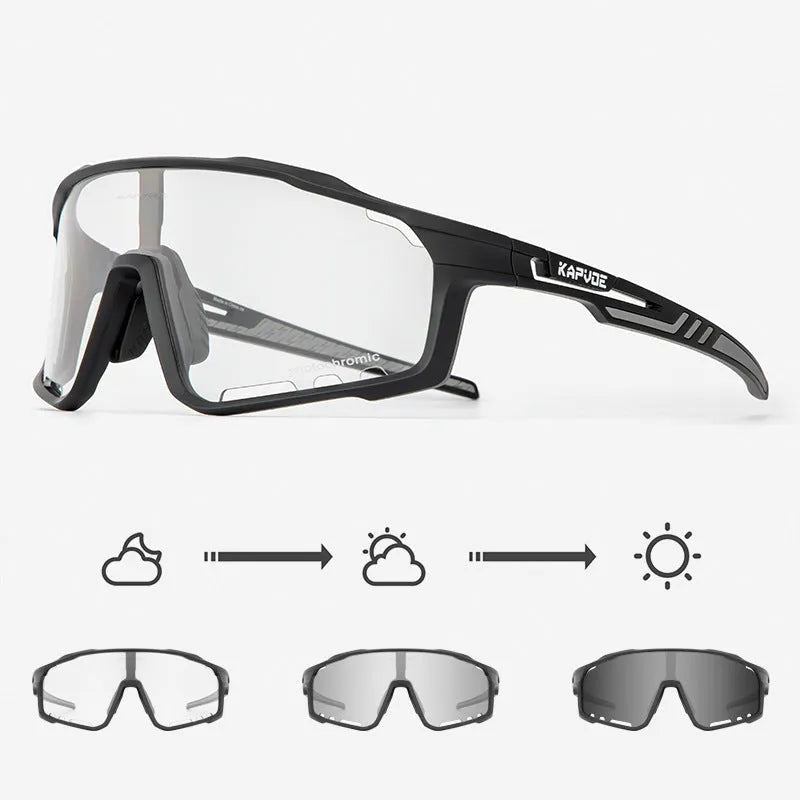 Photochromic cycling sunglasses with a semi-rimless TR90 frame shown in one of fourteen colour options.