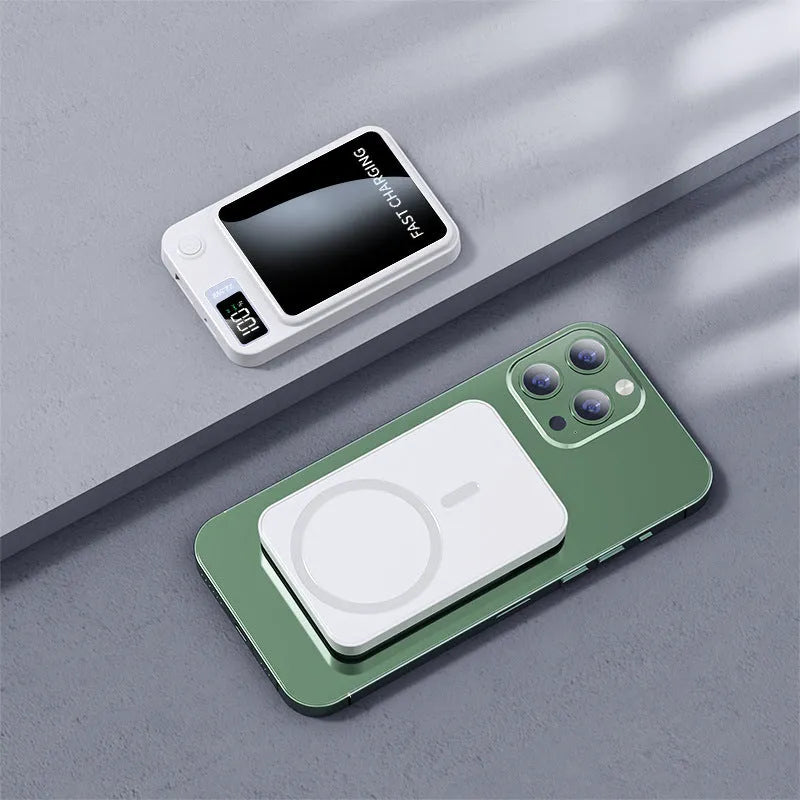 Magnetic Magsafe wireless power bank 10000mAh with fast charge cable and magnetic ring in ivory white