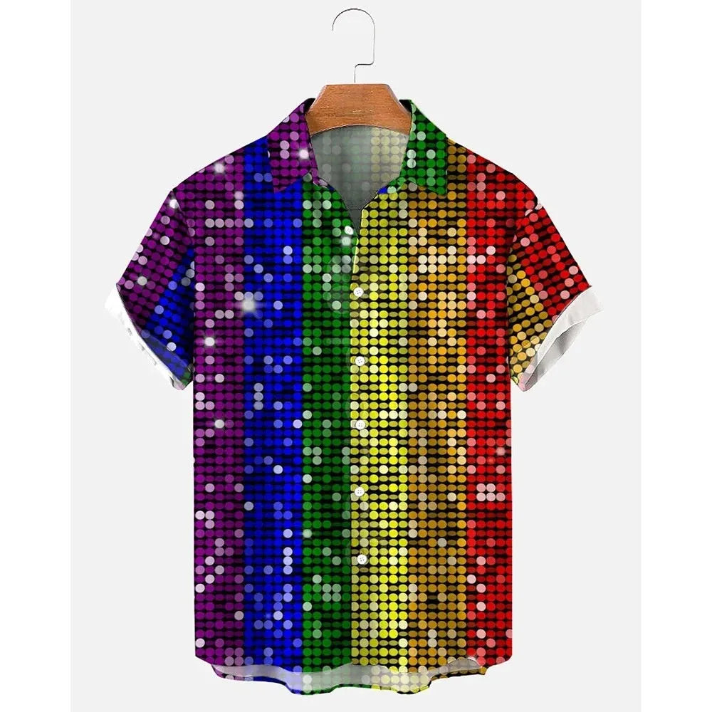 Men's stripe pattern Hawaiian shirt with short sleeves and elastic band construction