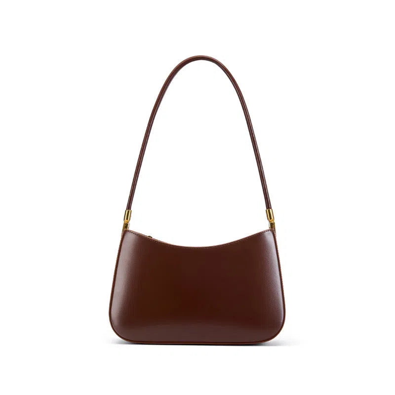 Women's casual French-style oval one-shoulder bag in cowhide leather, 25.5x6x14cm, available in black
