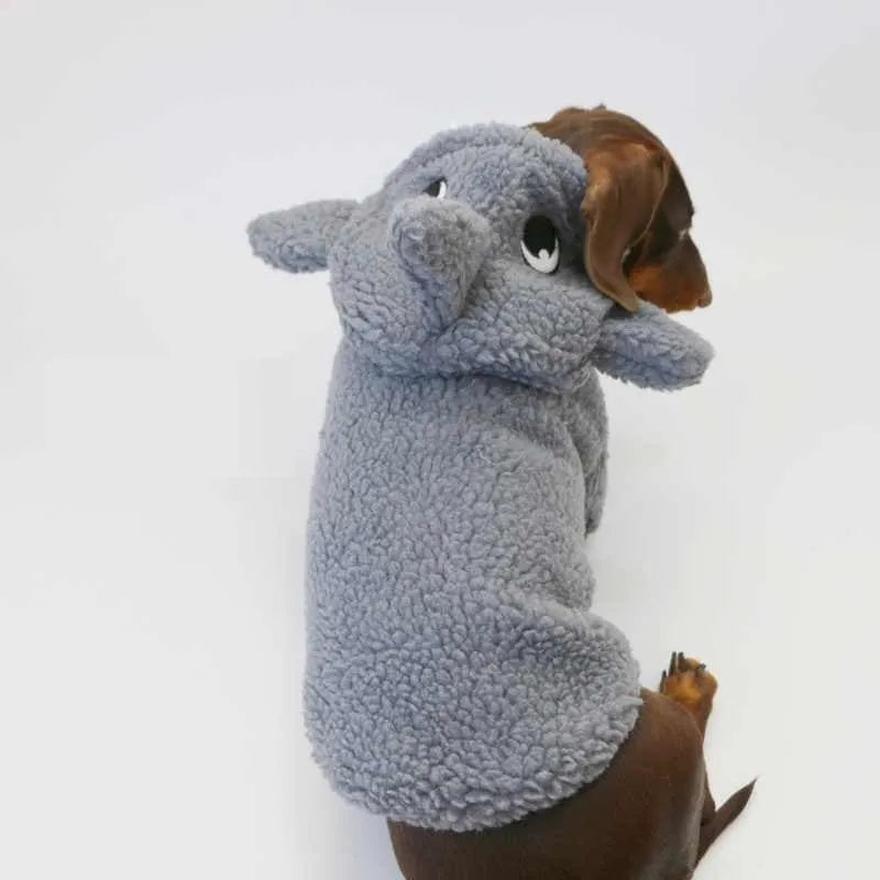 Grey fleece-lined hooded shark sweater for small to large dogs and cats, winter pet clothing