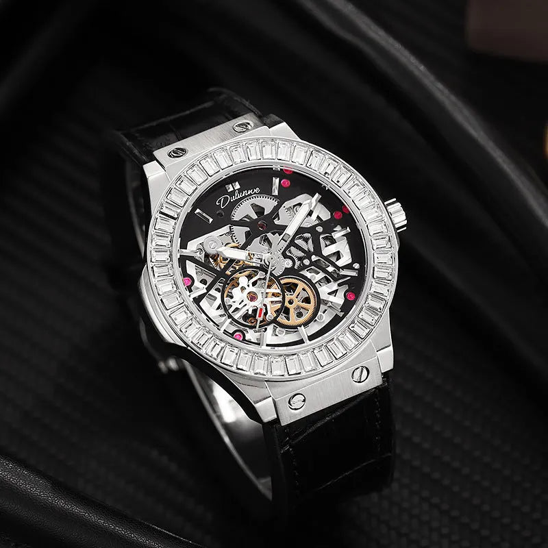 Automatic mechanical men's watch with hollow diamond-studded dial and 16mm white shell case.