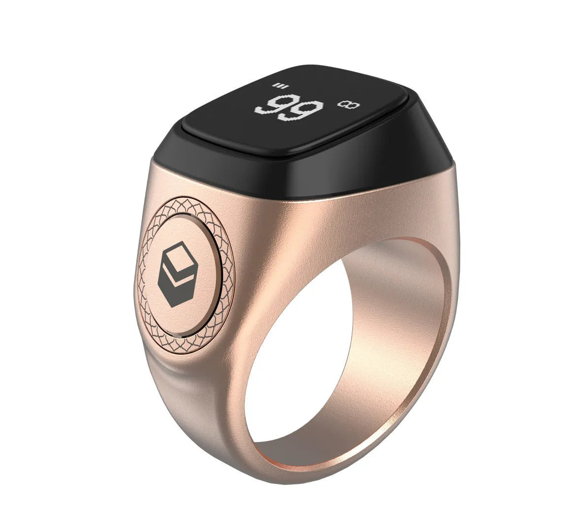 Zikr1 metal smart ring with OLED screen on a finger, showing a Tasbih count.