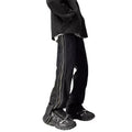 American zippered denim straight trousers for men, black, loose fit, hip hop style