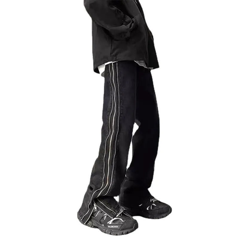American zippered denim straight trousers for men, black, loose fit, hip hop style