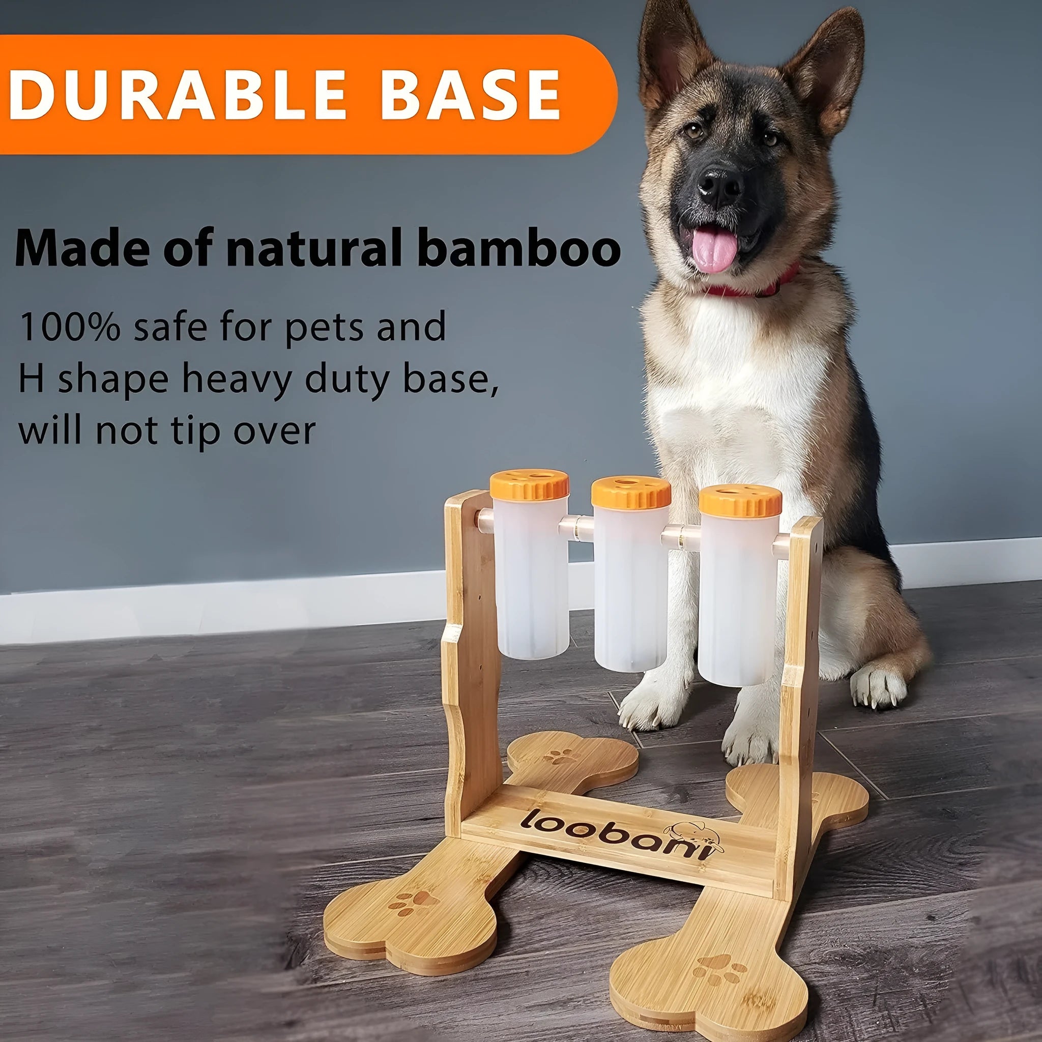 Wooden interactive dog puzzle feeder with treat compartments measuring 31cm long