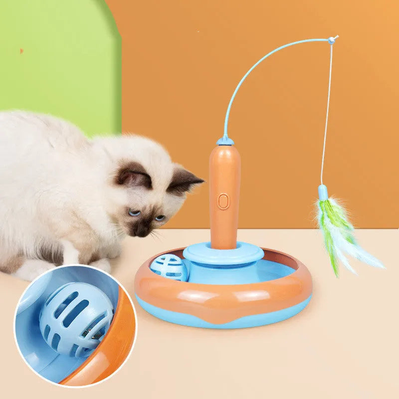 2 in 1 cat turntable toy with feather on plastic track, available in orange-blue and yellow-green colours