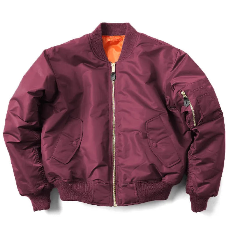 Men's loose fit army green nylon pilot jacket with cotton padding on a mannequin.