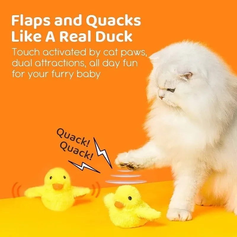 Yellow flapping duck cat toy with soft plush exterior, shown with a USB charging cable.