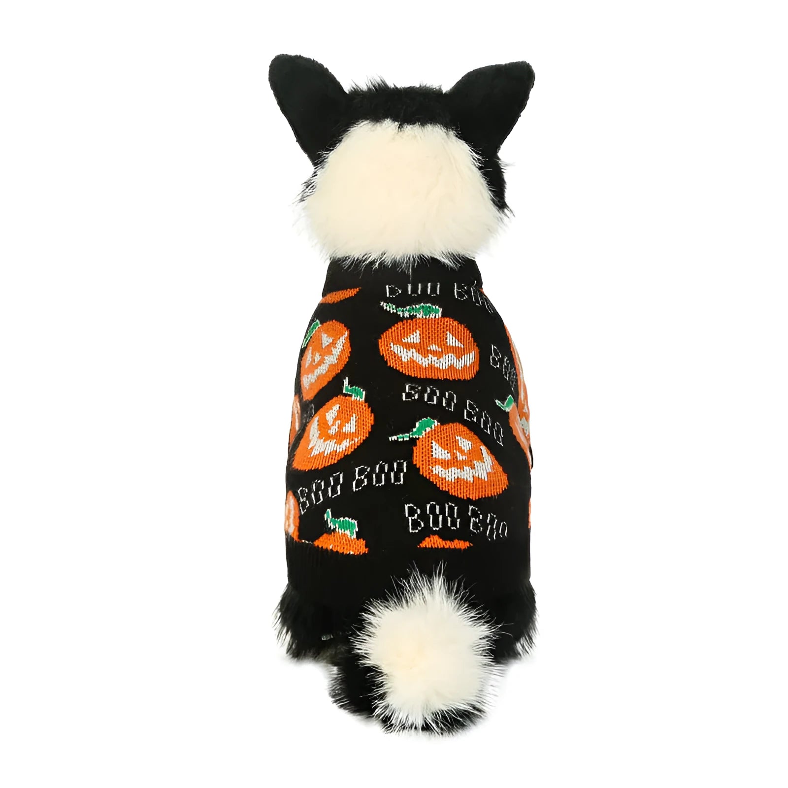 Black dog sweater with orange pumpkin pattern for Halloween, available in sizes S to XXL