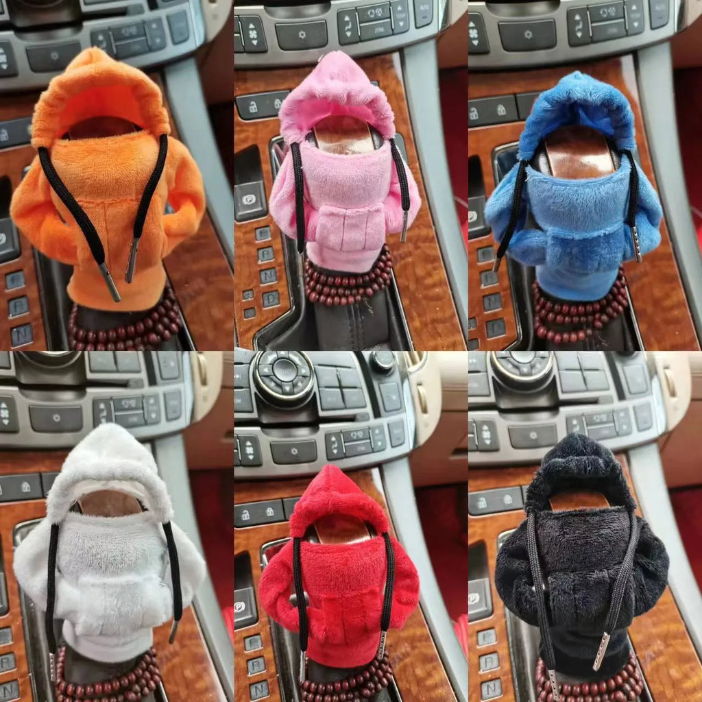 Dutch velvet car gear handle sleeve cover shown in various colours including black, red, blue, and pink.