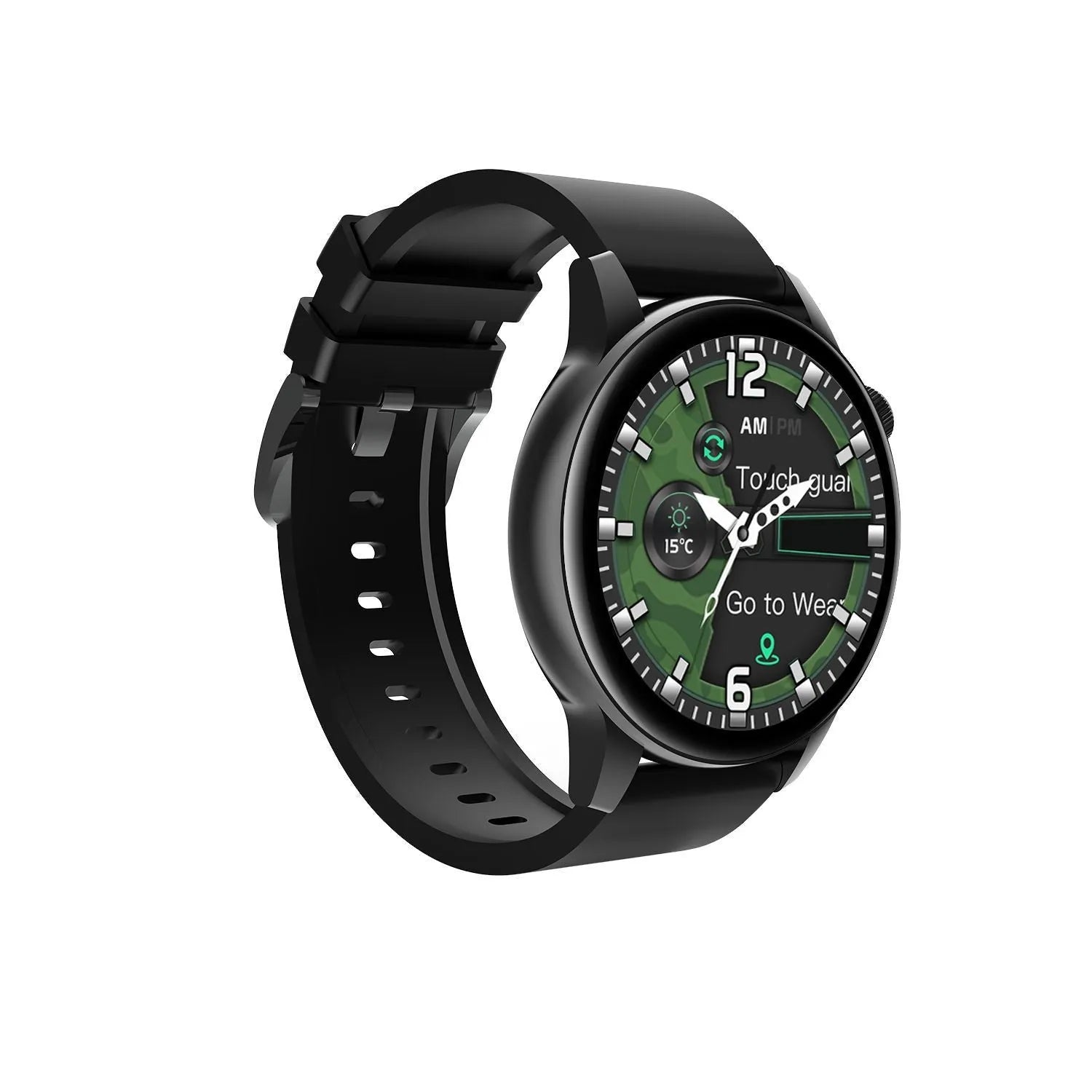 Smart watch with a colour touchscreen display and stainless steel case, shown in black, pink, or silver.