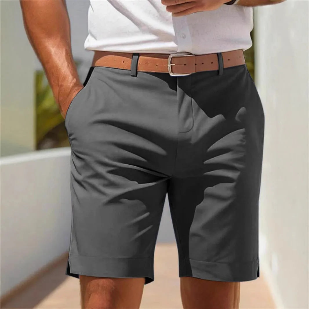 Men's light grey straight-leg polyester casual shorts on a hanger.