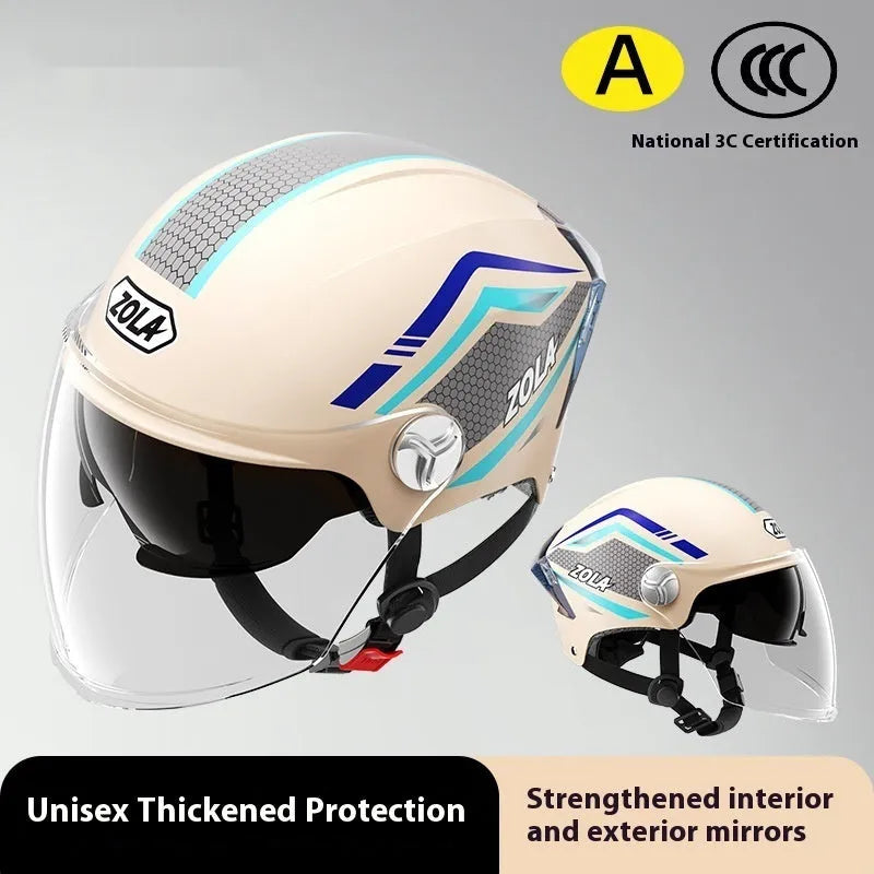 Universal 3C motorcycle half helmet with double mirror visor in light brown colour