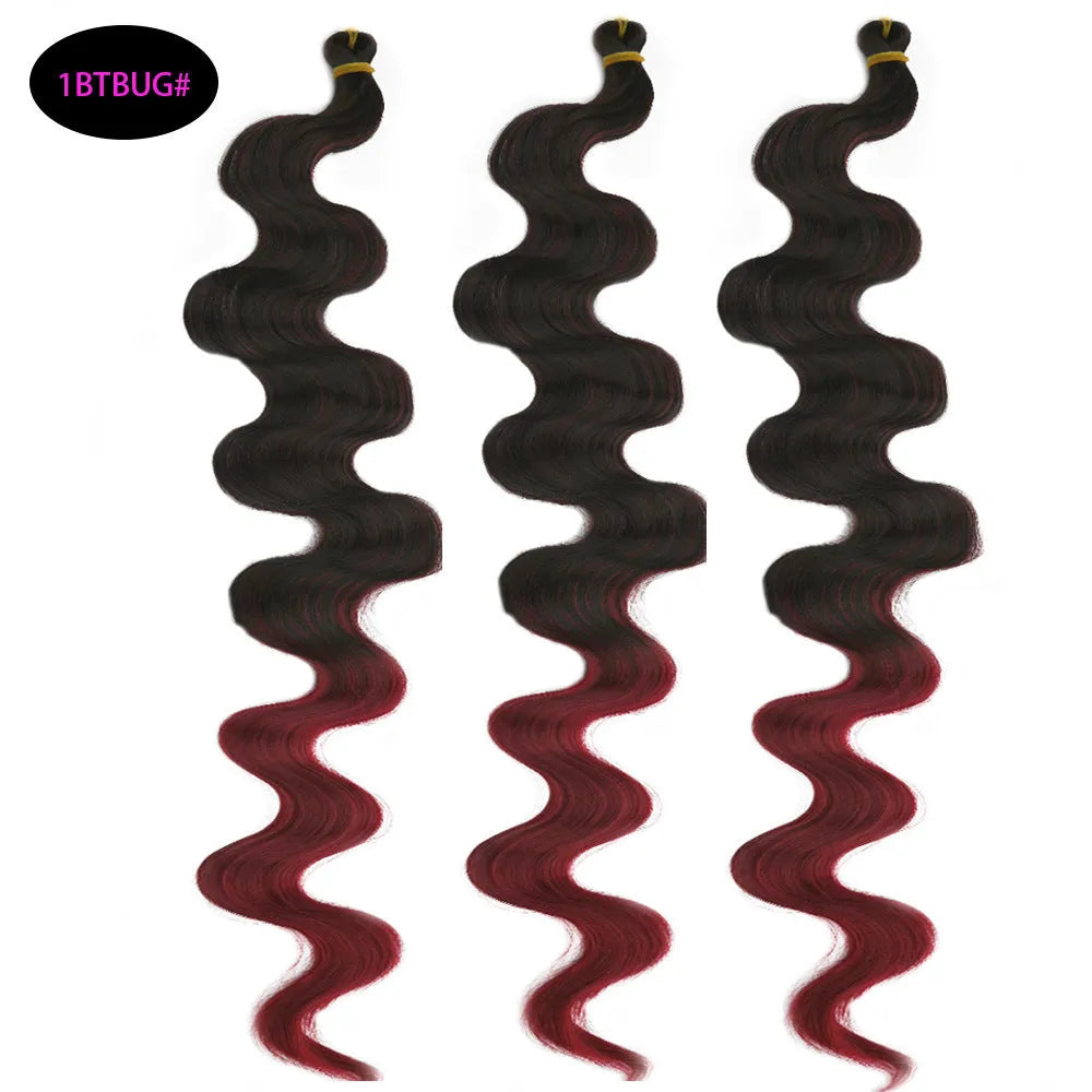 Wine red braided hair extension wig with big wave pattern, 24 inches long