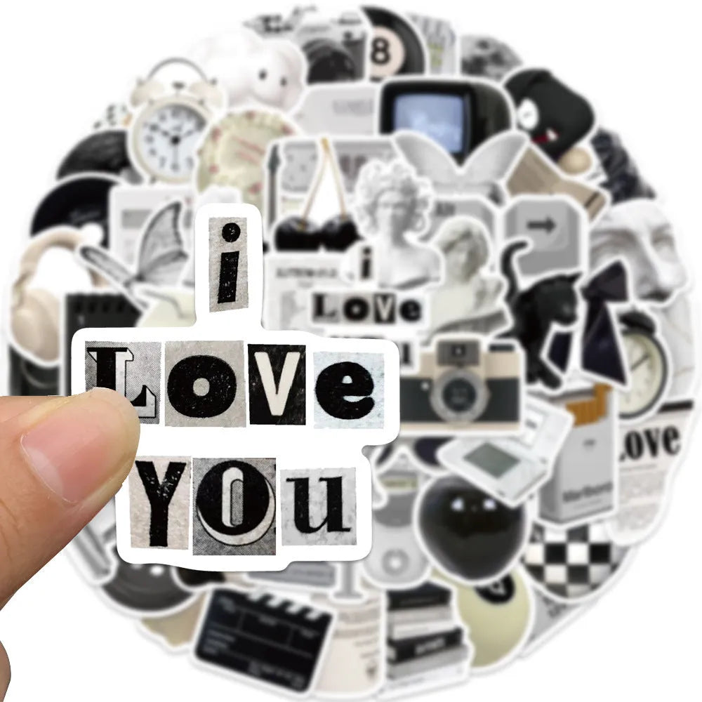 61 black and white PVC waterproof stickers for laptops, phones, luggage, and skateboards.