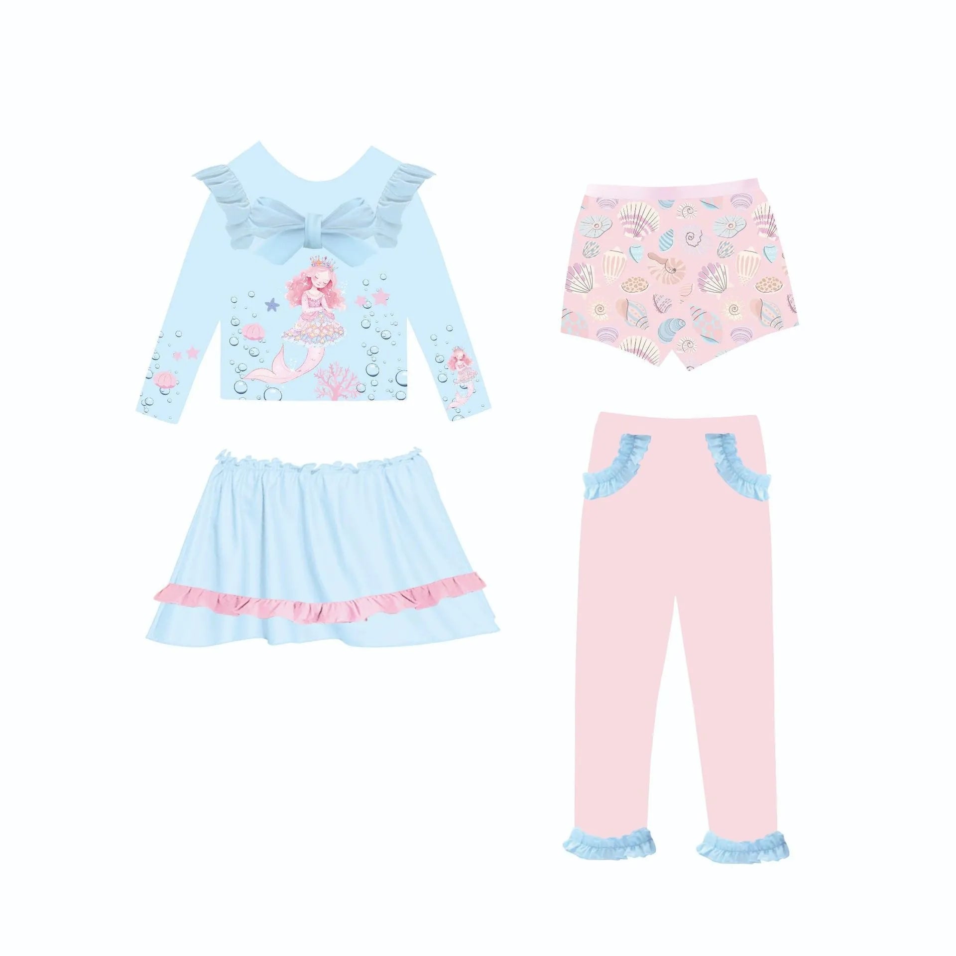 Girl's gilded colour print mermaid swimsuit set with top, skirt, trousers, and shorts