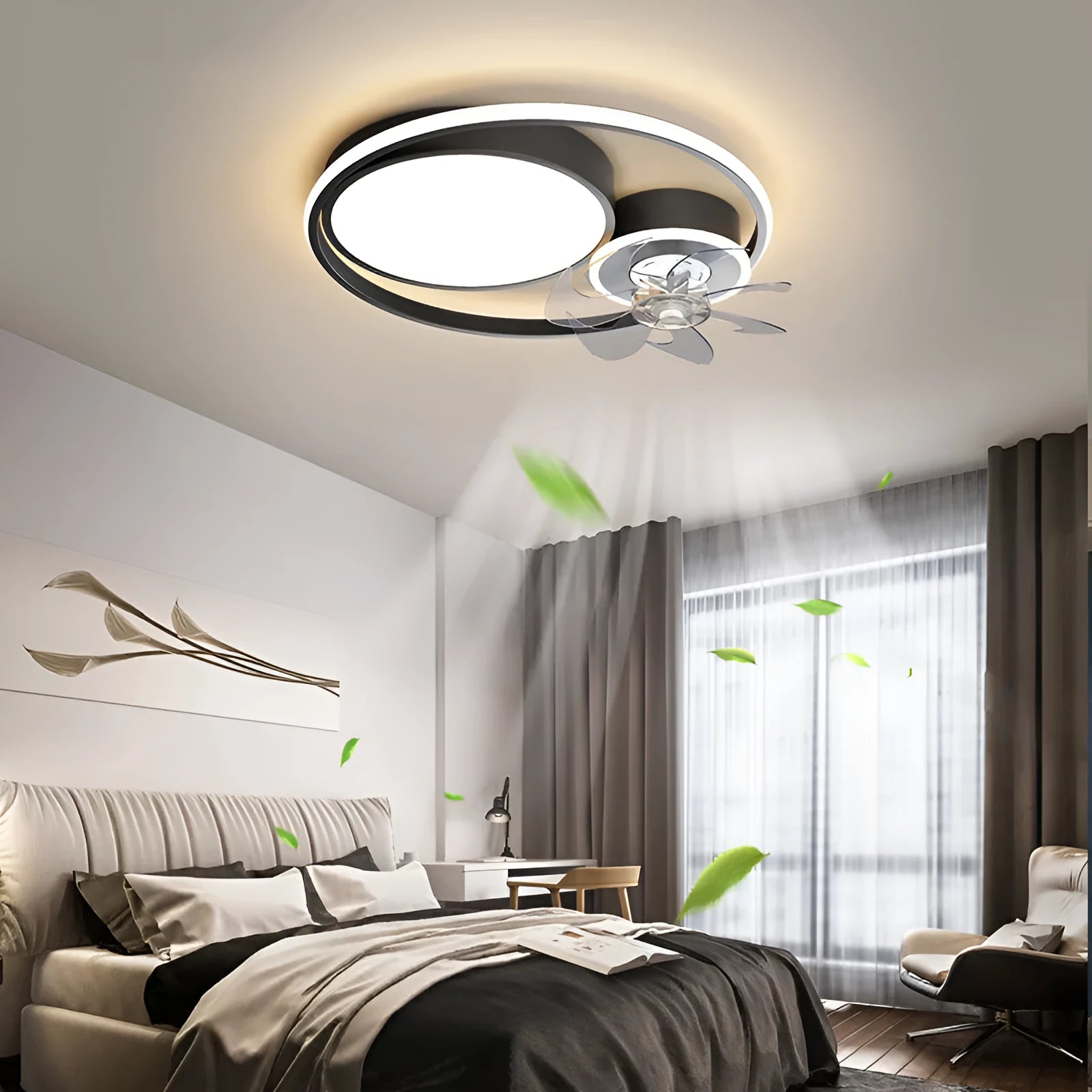 Nordic style 48cm ceiling fan light with metal blades and acrylic lampshade in black or gold finish.