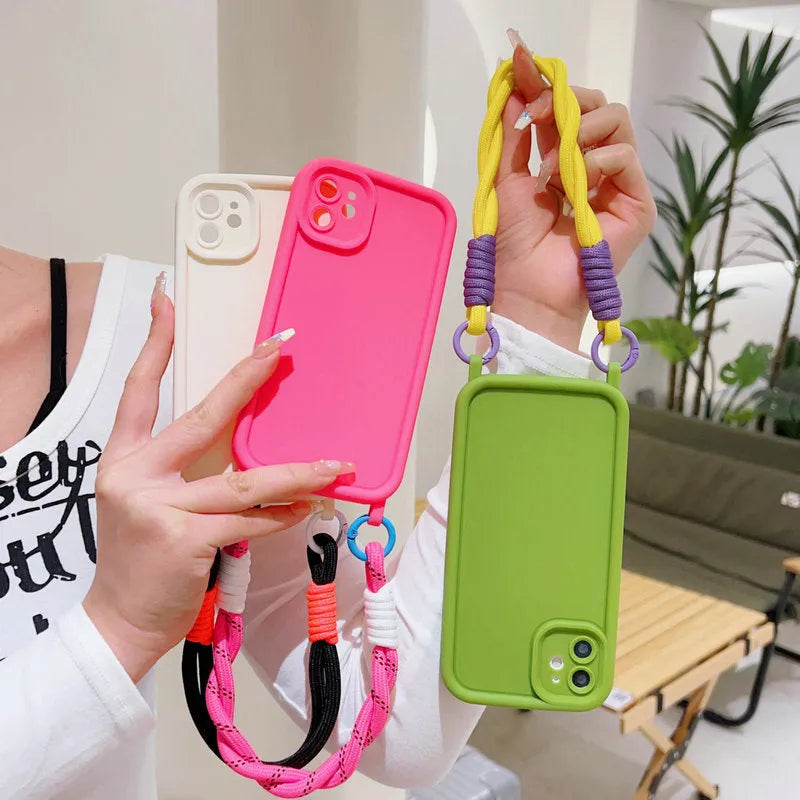 Liquid silicone phone case with lanyard for Apple iPhone black shell front view