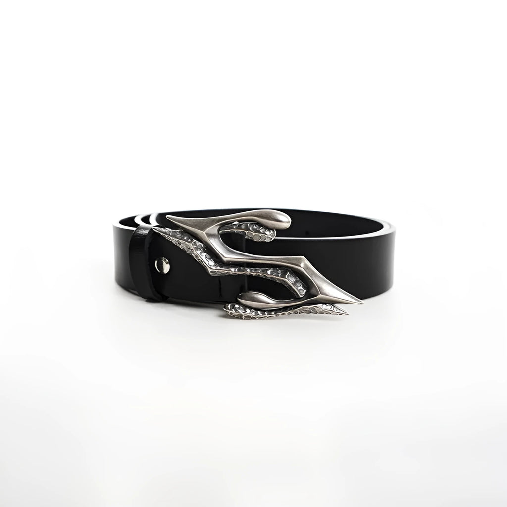 Men's black leather belt with metal letter buckle showing 110cm length