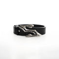Men's black leather belt with metal letter buckle showing 110cm length