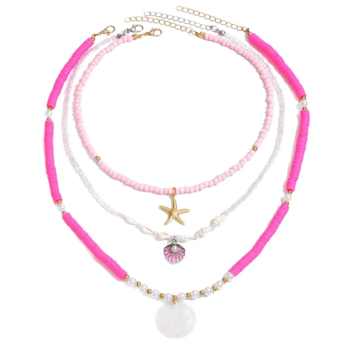 Polymer clay beaded necklace with multi-layer twin clavicle chain and geometric alloy pendant on female model