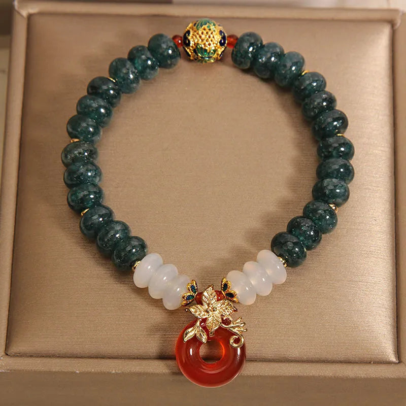 Blue jade abacus bead and red agate peace buckle crystal bracelet for women
