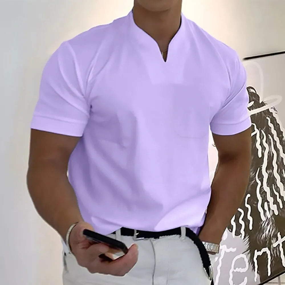 Men's summer short sleeve shirt with pocket in light grey, loose stand collar fit with plain pattern, plus size S-5XL
