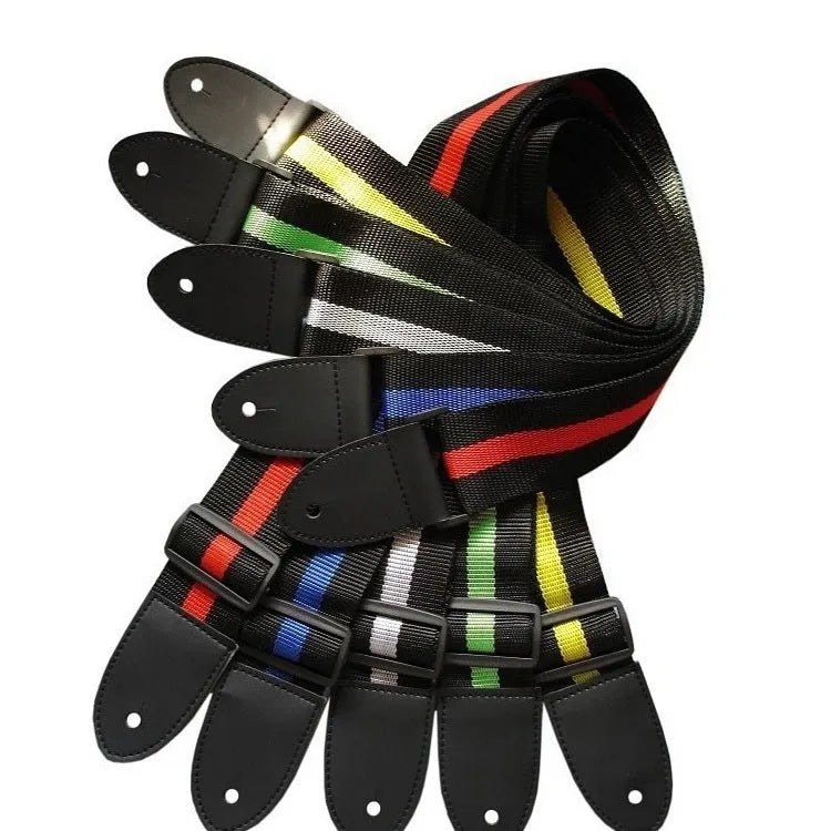 Folk stripe patterned woven instrument strap for electric guitar, bass, or ukulele.