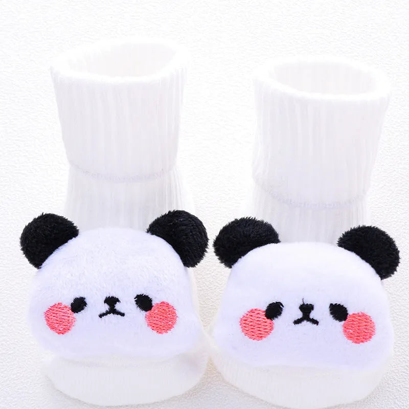 Cotton baby floor socks in various colours and patterns with size guide for ages 0-3 months