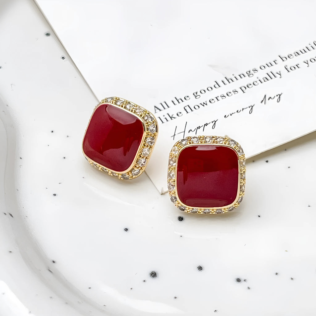 Geometric square earrings with retro red finish and inlaid pattern