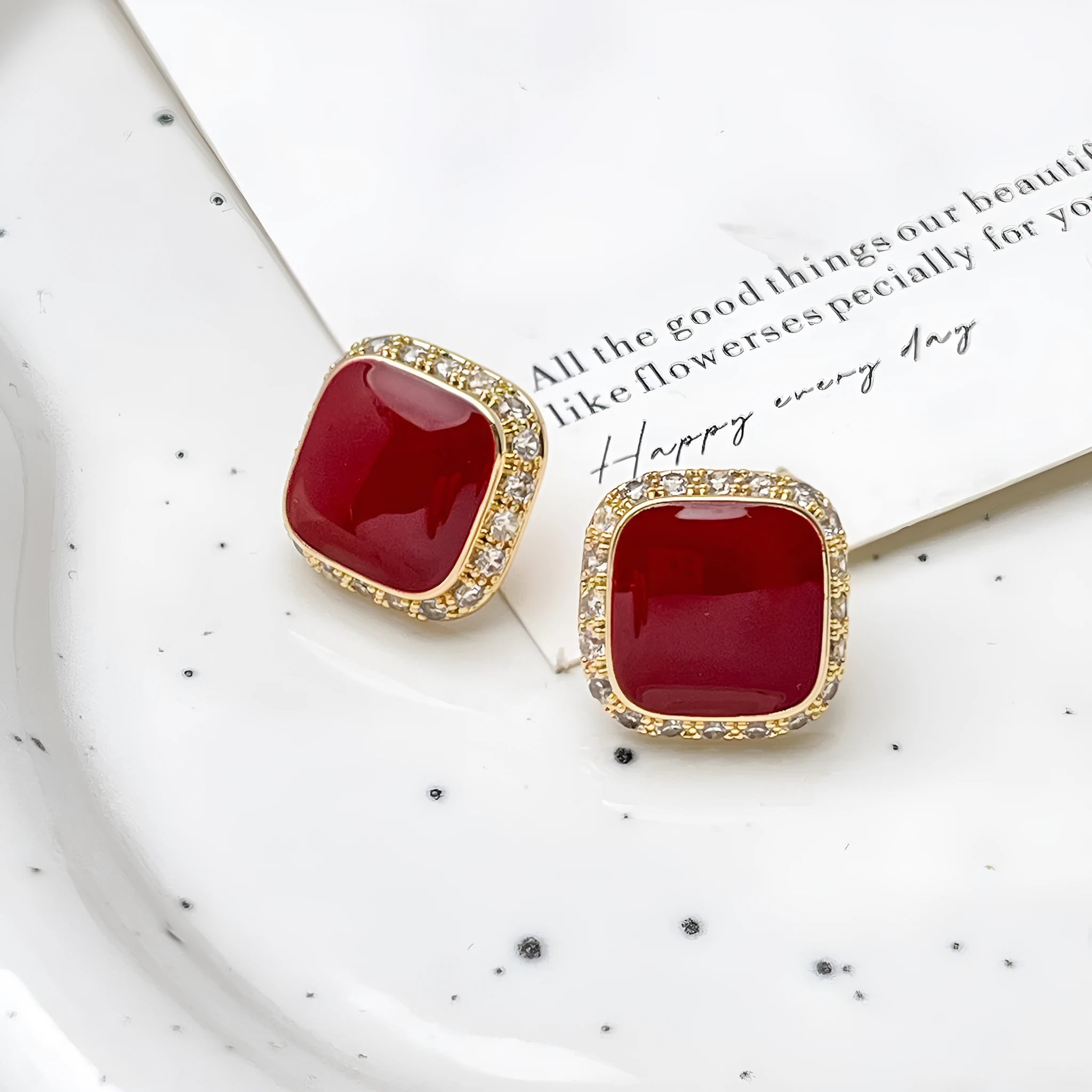Geometric square earrings with retro red finish and inlaid pattern