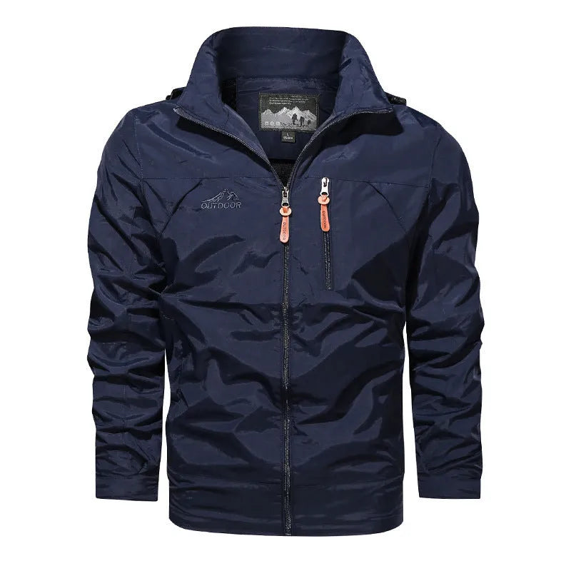 Plus size men's outdoor hooded jacket in army green with stand collar and zipper, nylon fabric, sizes M-5XL