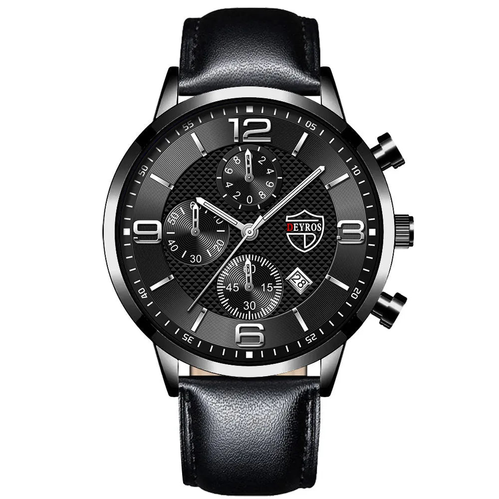 Men's calendar quartz watch with 42mm round alloy case, white dial, date window, and pin buckle on a black band