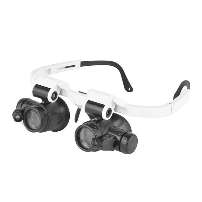 White head mounted magnifying glass with LED light, shown folded and unfolded.