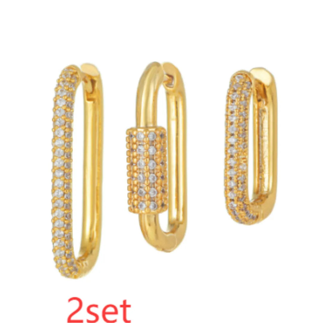 Geometric copper ear clip three-piece set with micro inlaid zircon details in gold or white k colours
