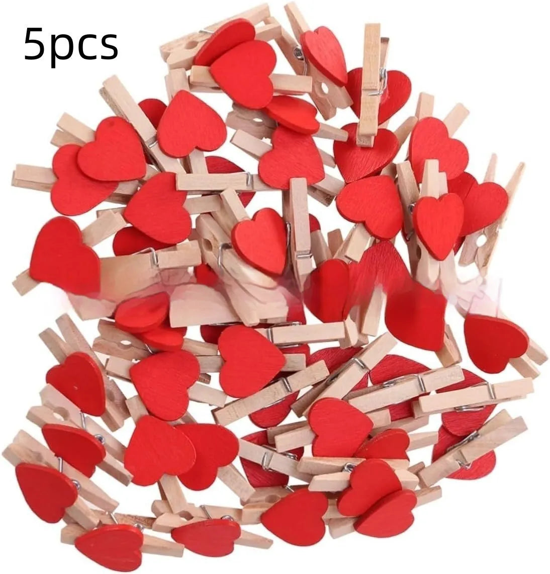 Five handmade solid wood heart-shaped hair clips in red, white, pink, yellow, and rose colours