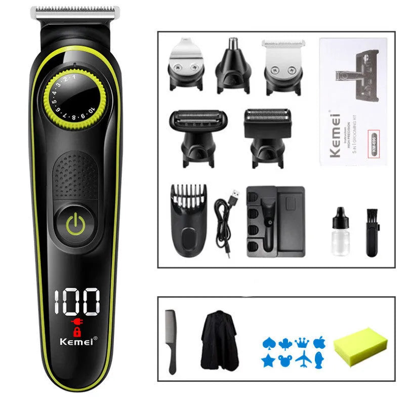 Black household electric hair clipper with USB charging cable and cleaning brush on a white background.