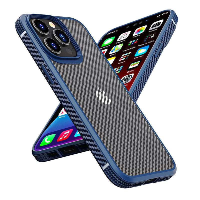Black anti-fall iPhone 13 protective case with carbon fibre pattern and TPU+PC construction
