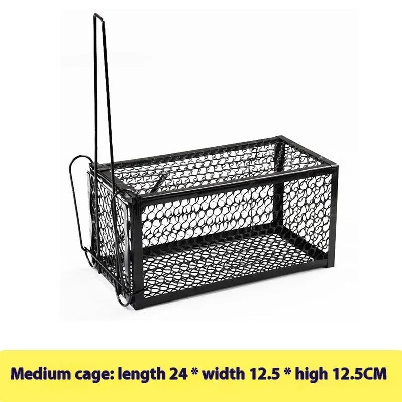 Automatic mouse cage trap showing metal and plastic construction options in small, medium, large sizes