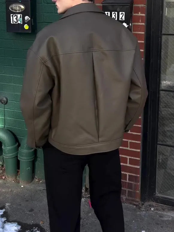 Men's casual long-sleeved leather jacket plain regular fit front view