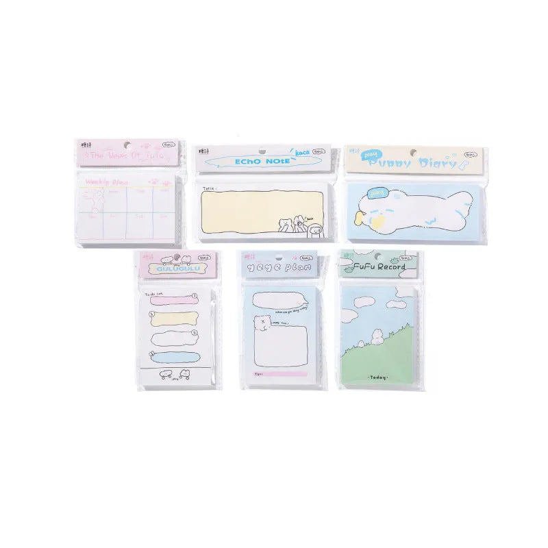 Cartoon heart design sticky notes set showing six styles including Echo Notes and Rabbit Weekly Notes