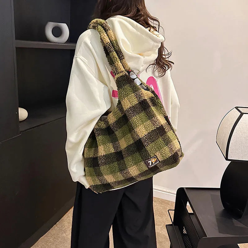 Women's plush plaid crossbody tote bag in Army Green colour showing large capacity and zippered compartment