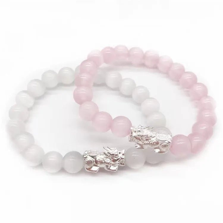 Hand-woven natural crystal stone powder cat eye bracelet in pink, silver metal beads, unisex style