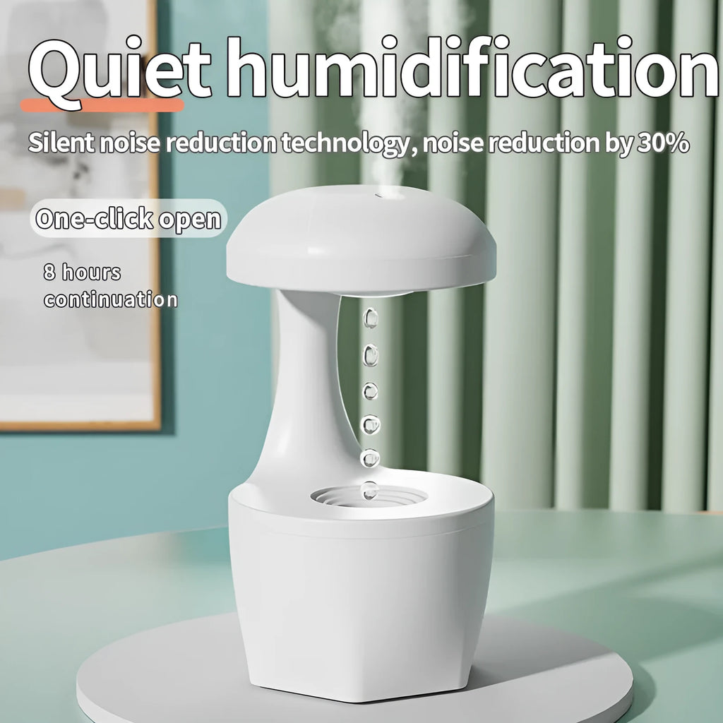 White portable 800ml cool mist USB humidifier with anti-gravity droplet design and aromatherapy for bedroom
